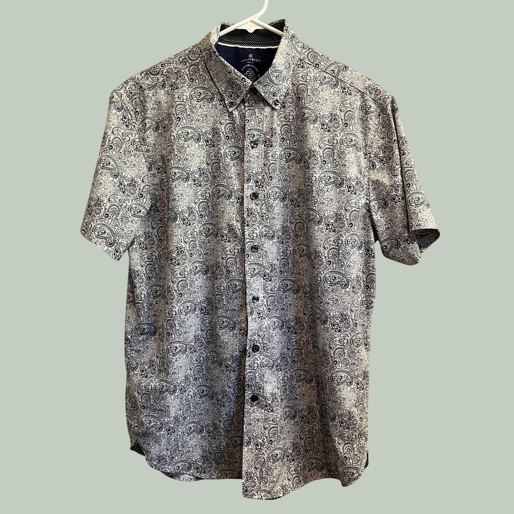 Con.struct Button Down Shirt Men's M Blue Paisley Slim Fit Performance Stretch